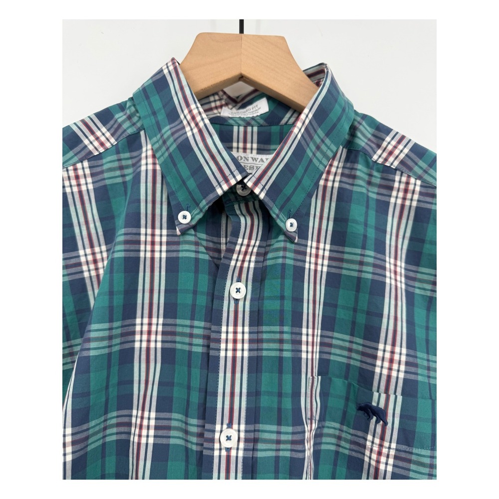 Onward Reserve Shirt Mens Medium Green Plaid Tailored Fit Non-Iron Long Sleeve